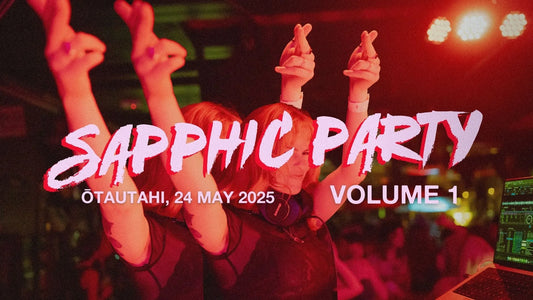 Photo of a red haired queer DJ at MUNCH Club Night 1. Text on the photo reads "Sapphic Party Volume 1, ÅŒtautahi, 24 May 2025"
